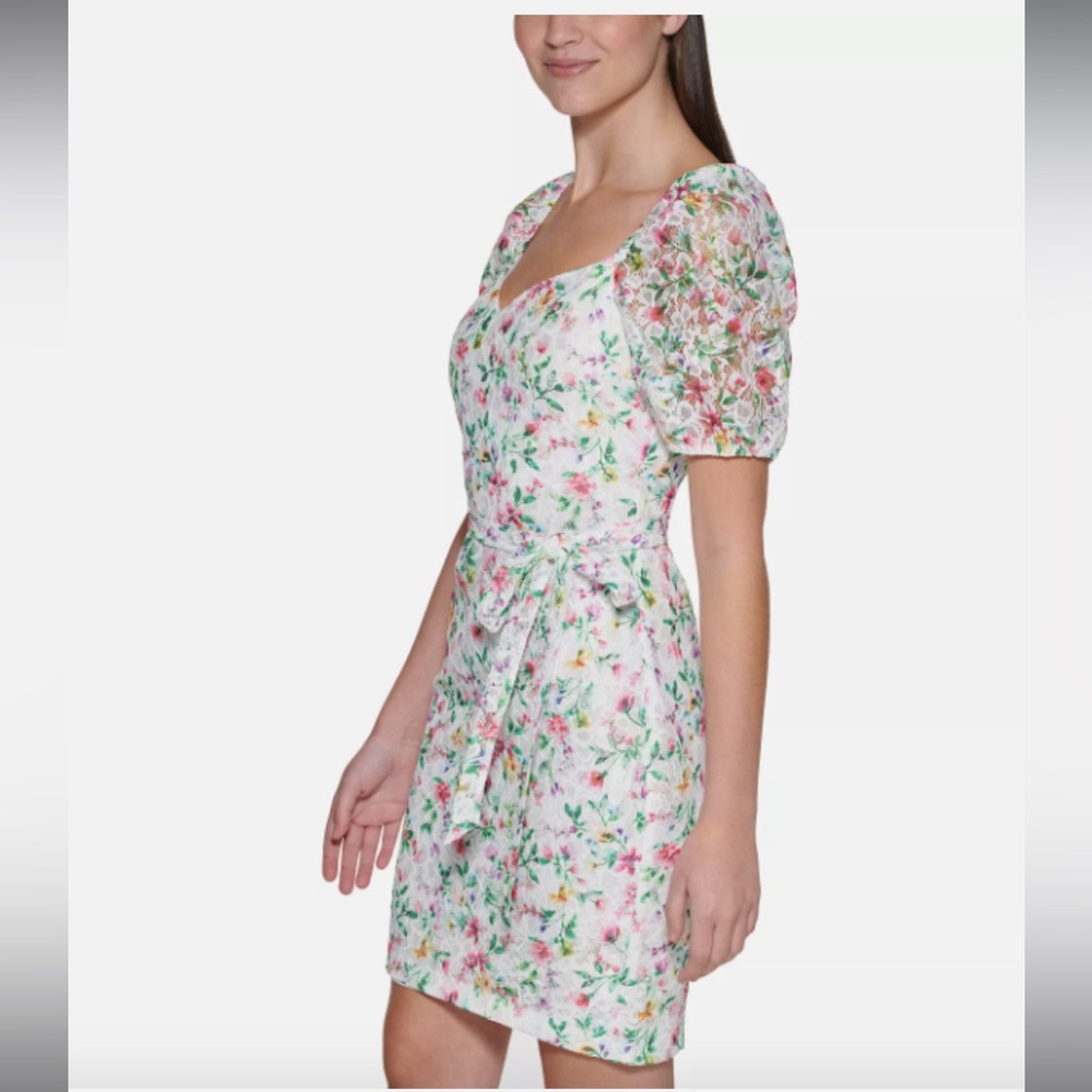 NWT  Guess Women's Printed Floral Lace Puff Sleeve Mini Dress